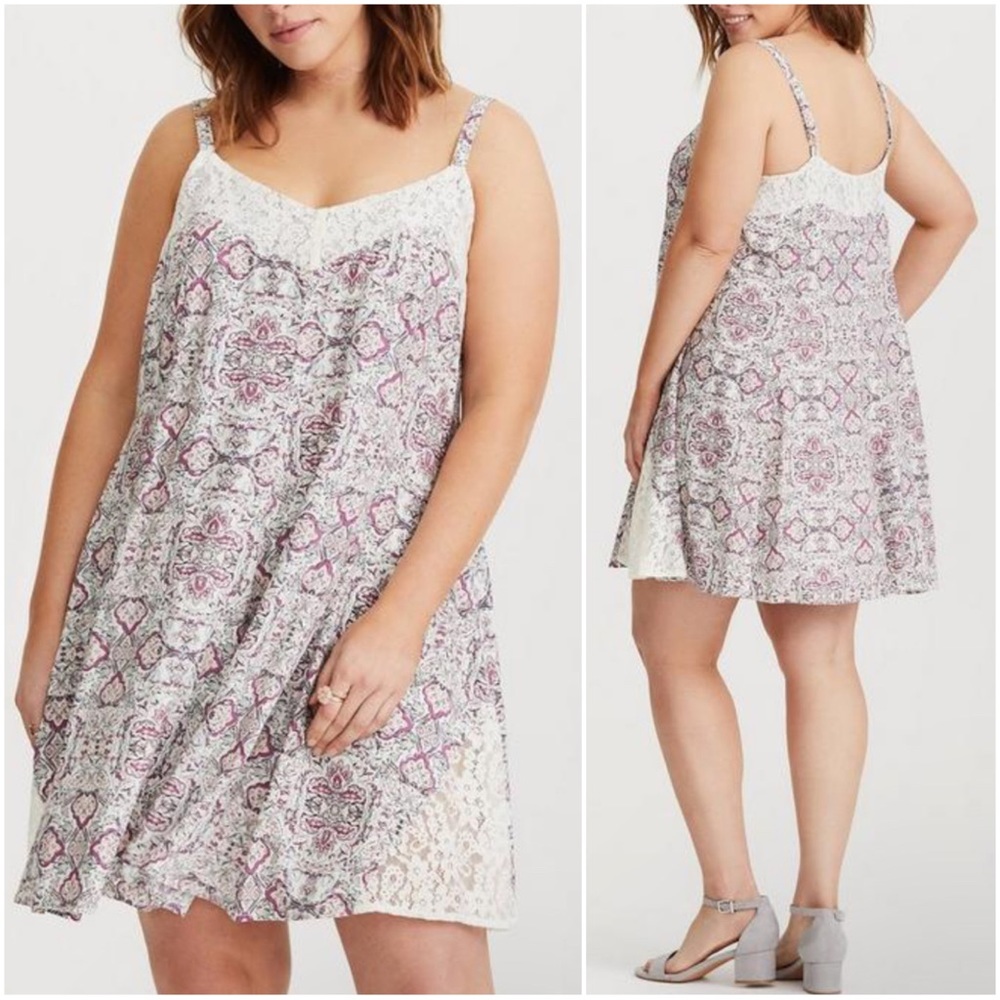 Torrid Ivory Floral Lace Inset Challis A-Line Dress Size 00
